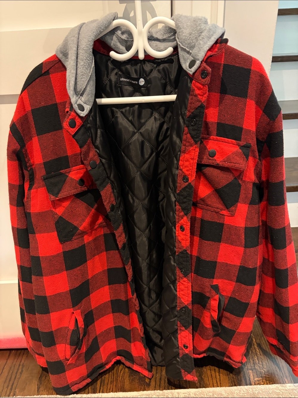 johnnie-O Red and Black Plaid Quilted Hooded Shirt Jacket